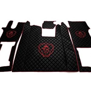 Kram-Truck Fußmatten-Set, Gesteppt, Kompatibel Mit SCANIA R2017 Und Neuer (Neue Generation), Für Festen Beifahrersitz, 10mm Schaumstoff, Für Automatikgetriebe, Schwarz Mit Rotem Faden