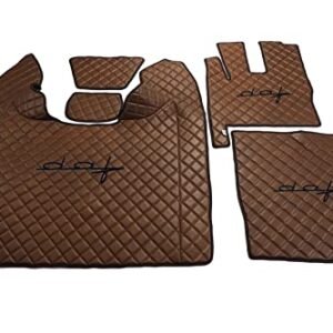 KRAM-TRUCK Bestickte Fußmatten Kompatibel mit DAF XF106 ab 2017 mit automatischer Box und Wasserheizung, Hellbraun, Kunstleder auf einem Schwamm 1 cm, Hygienezertifikat, Komfortable Bezüge