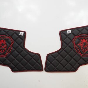 KRAM-TRUCK Seitenteile gesteppt Bestickt für Türen 2 Stück, Kompatibel mit Scania R, P, G ab 2017, Schwarz mit rotem Faden, Klettverschluss, Schwamm Kunstleder 1 cm, Hygienezertifikat