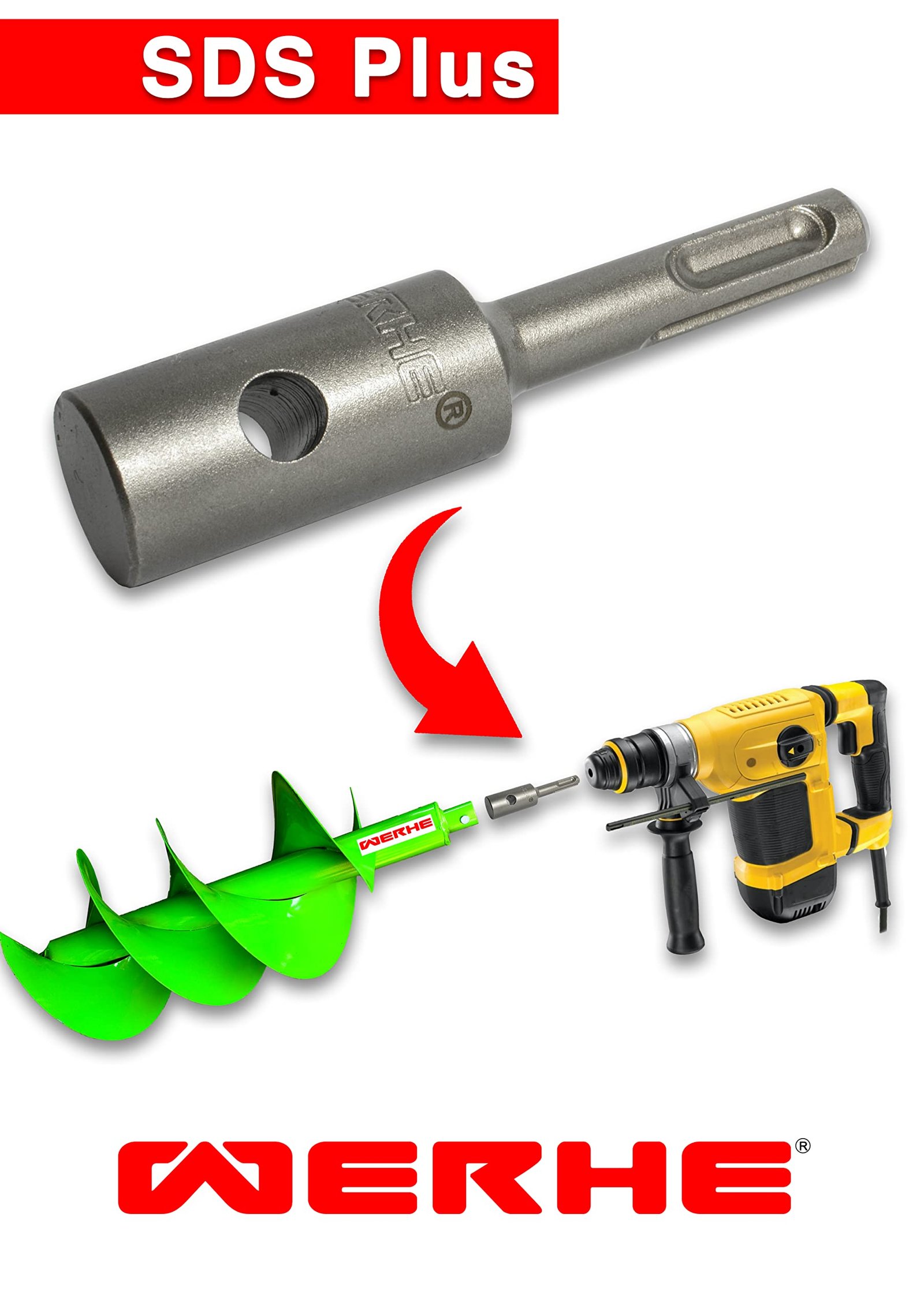 WERHE Profi Adapter für Erdbohrer passend für SDS Plus Bohrmaschine Akkubohrmaschine Akkuschrauber Pfahlbohrer Mit Schnell FlügelBolzen aus hochwertigem Federstahl - Image 5