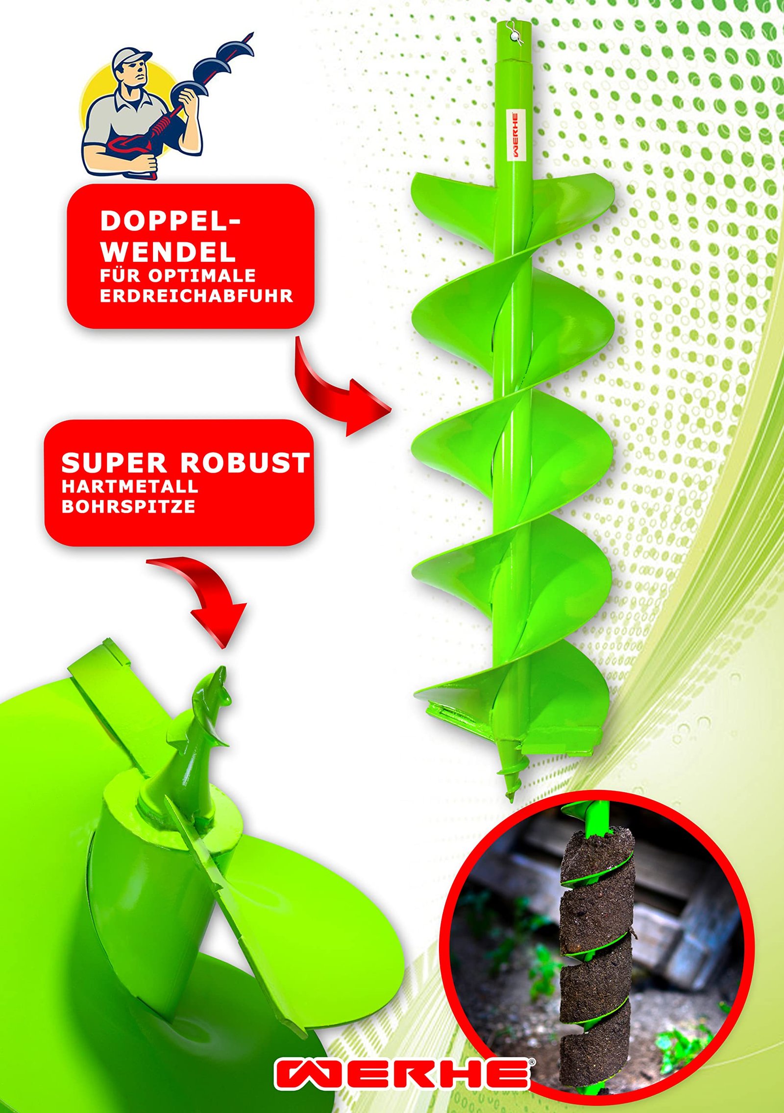 WERHE® Profi Bohrer Starker Stahl, Erdbohrer für bohrmaschine 200 mm Doppel-Welle extrem robust mit SDS Plus Adapter - Pfahlbohrer Brunnenbohrer präzise Bohrspitze. - Image 8