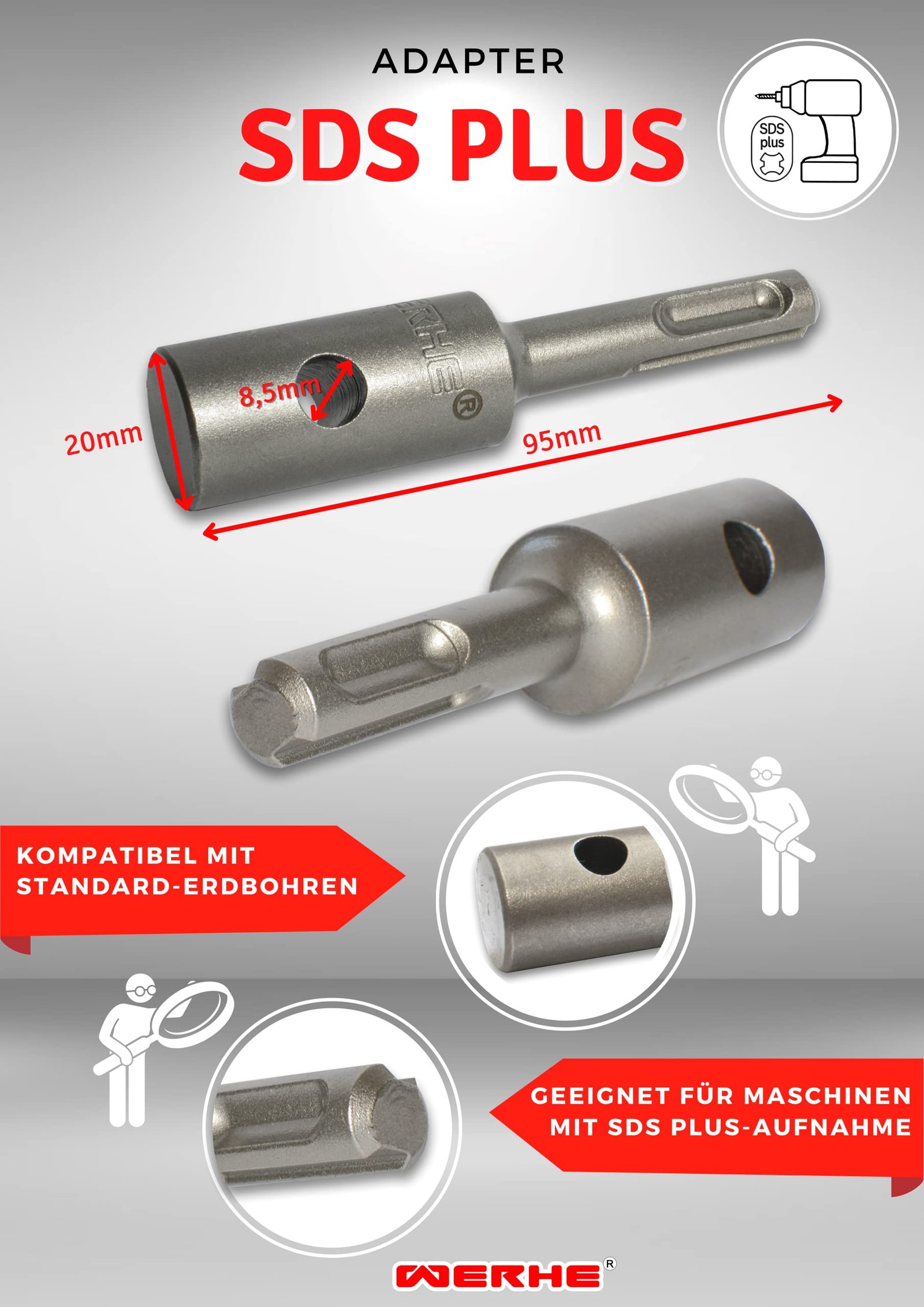 Werkon Profi Adapter für Erdbohrer – SDS Plus kompatibel – Stabil für Zaunbau & Garten – Grau - Image 2